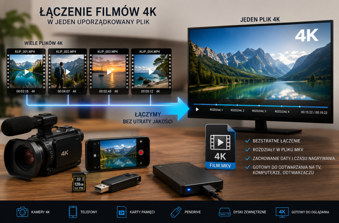 Łączenie filmów 4K z kamer, telefonów i kart pamięci w jeden plik